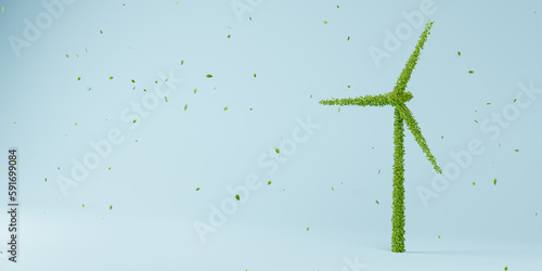 Wind turbine made of leaves concept, clean renewable and eco friendly green energy industry design, future sustainable power generator technology for earth ecology 3d rendering © ZETHA_WORK