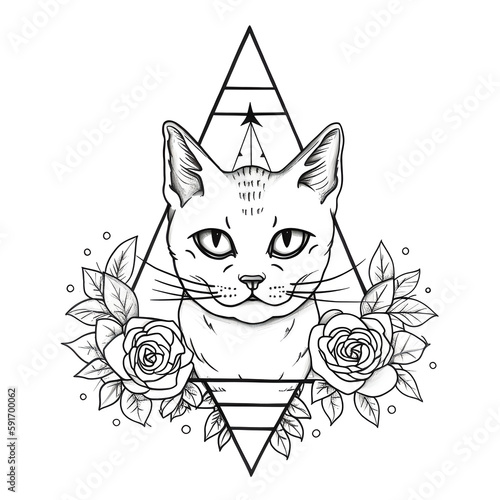 Cat black and white line design created using generative AI technology