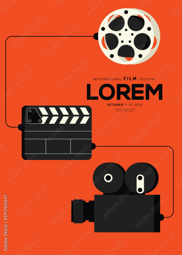 Movie and film poster design template background with film equipment