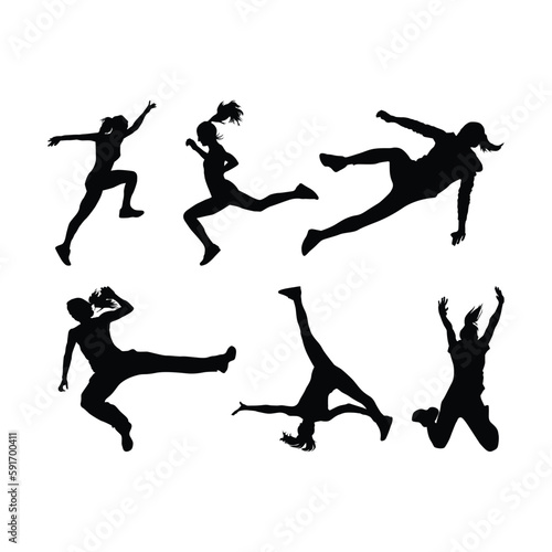 Vector silhouette of woman who jump on white background