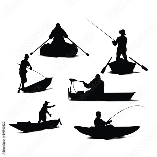 fisherman in boat logo vector silhouette