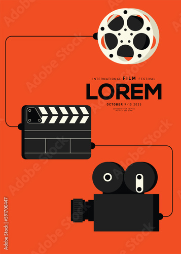Movie and film poster design template background with film equipment