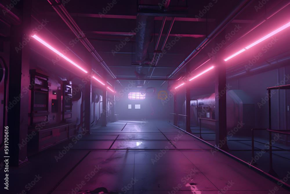 long, dimly lit corridor with neon lights on the walls, Generative Ai