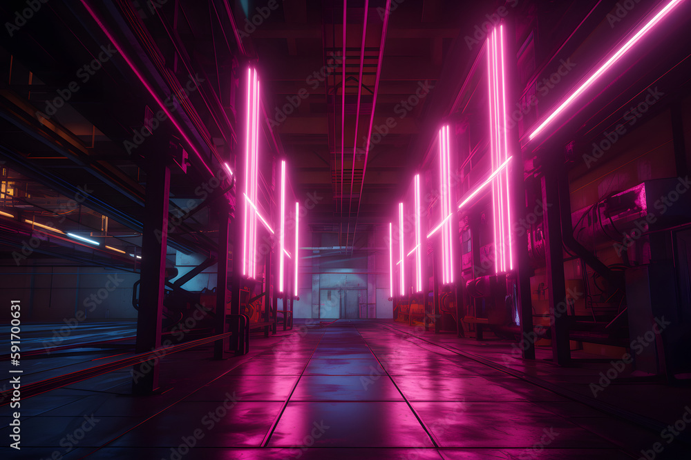 dark, industrial space with neon lights illuminating the walls and floor, Generative Ai
