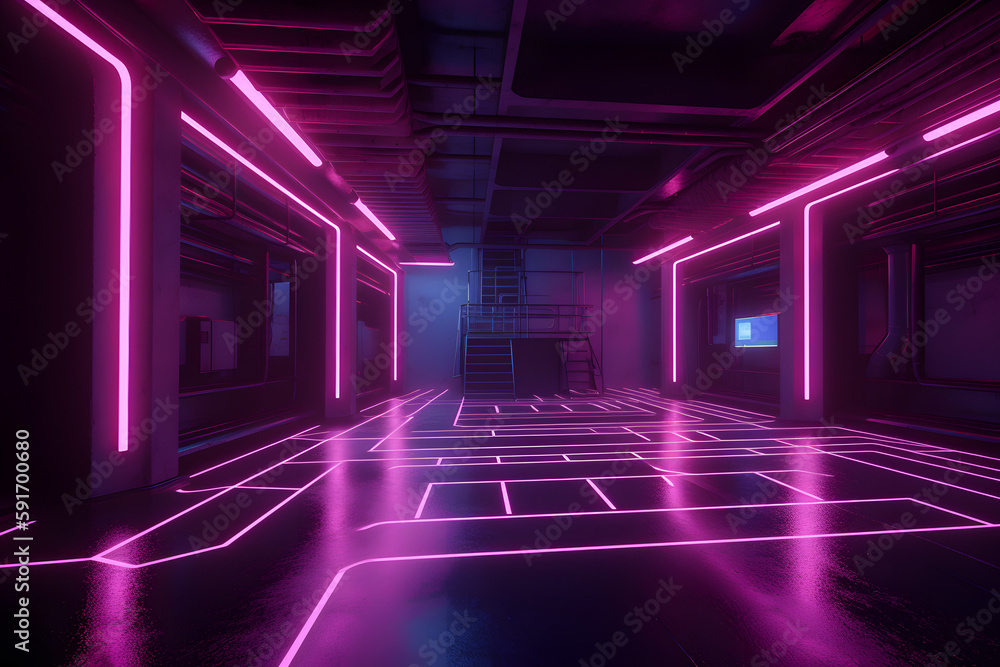  futuristic, neon-lit corridor with a floor made of black and white tiles, Generative Ai