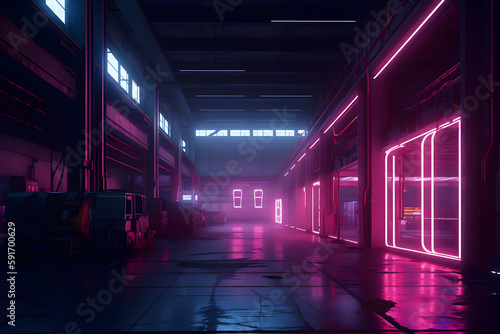  dark, industrial space with neon lights illuminating the walls and floor., Generative Ai