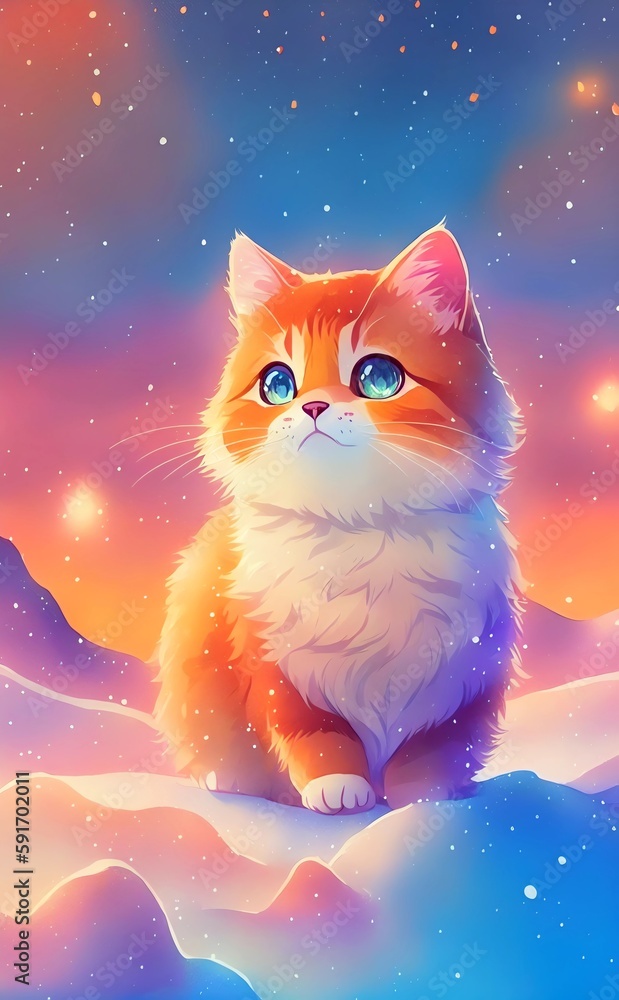 cat cute and adorable in front of a cityscape colorful background. Created with Generative AI Technology