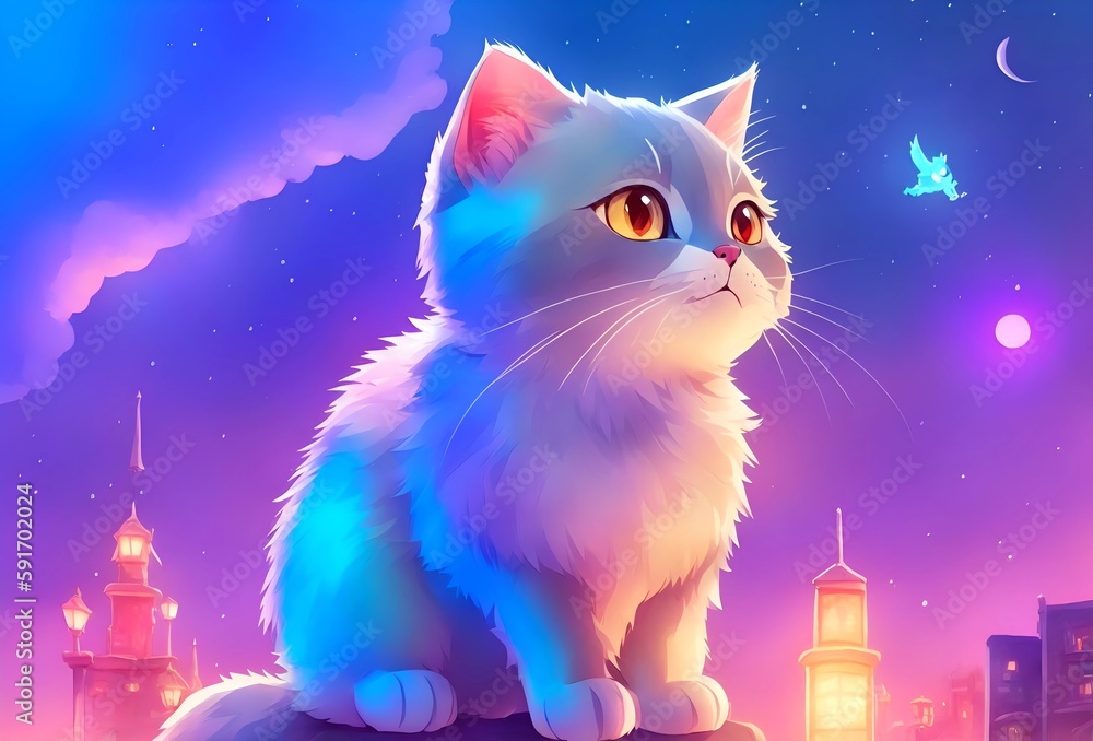 cat cute and adorable in front of a cityscape colorful background. Created with Generative AI Technology