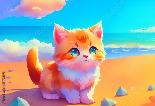 cat cute and adorable in front of a cityscape colorful background. Created with Generative AI Technology