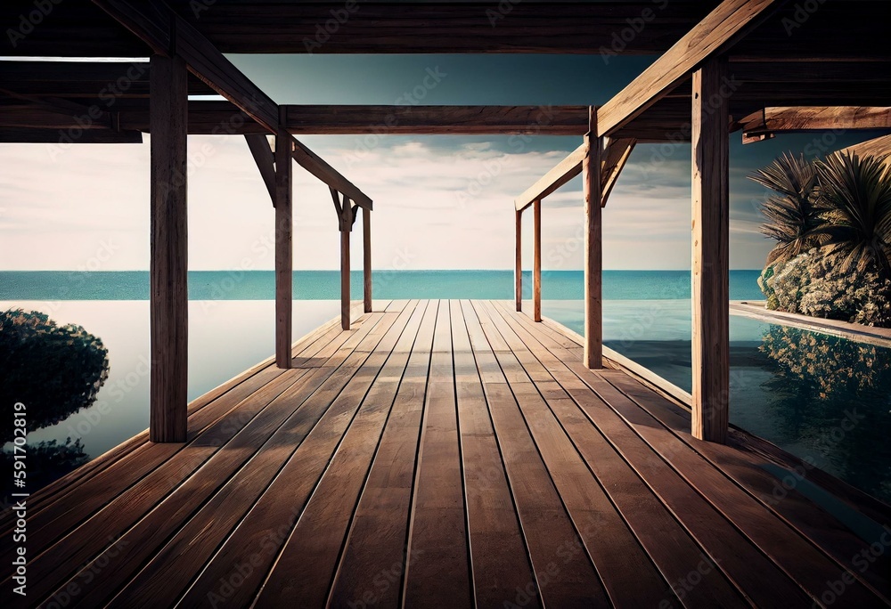 Empty tropical pool terrace 3d render with old wood flooring Wooden poles and covered with wooden battens overlooking the infinity pool and sea views. Generative AI