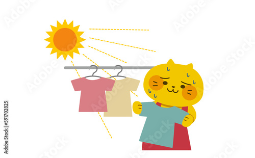 晴れの日の洗濯物とネコのイラスト