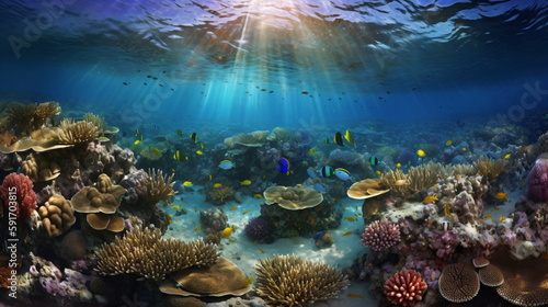 Coral Reef Wonderland - Sunrise Casting a Magical Glow in the Underwater Realm. Generative AI