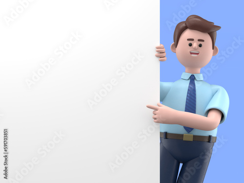 3D illustration of smiling Asian man Felix pointing finger at blank presentation or information board. Close up portrait of cute cartoon smiling businessman with advertising placard. 