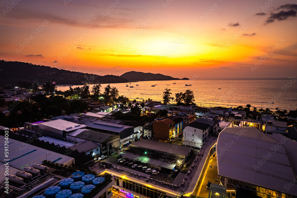 Aerial view of Patong beach at sunset, in Phuket, Thailand