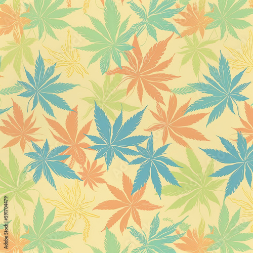 Colorful cannabis leaves pattern on pastel background. Generative AI