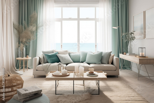 A high-resolution photorealistic illustration of a Scandinavian style living room with comfortable sofa, pillows, armchair and coffee table, Modern and luxurious living room, generative AI © Kien