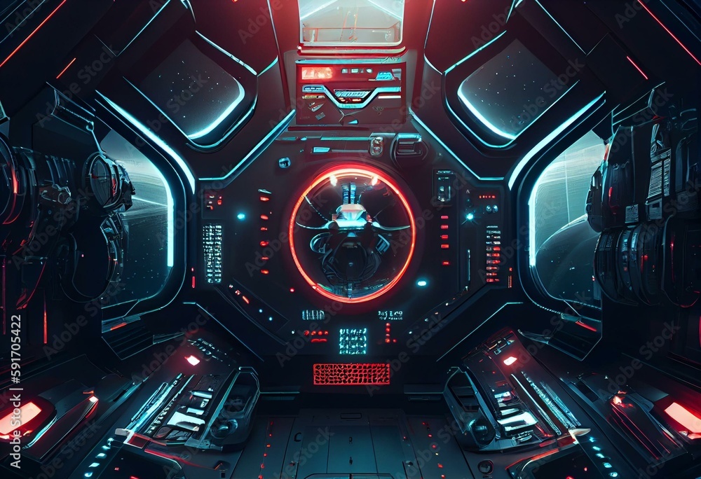 Dark spaceship interior with glowing control panels. Futuristic space ...