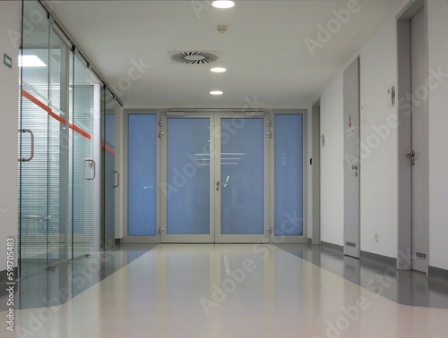 Modern hospital interior, corridor with white-blue empty room, 3d. Empty room interior of modern hospital space with door windows, lamps and empty large corridor.