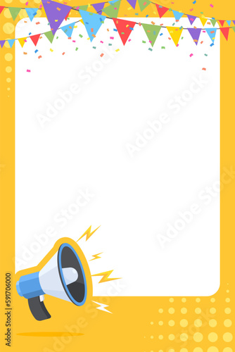 Flyer Megaphone speaker with confetti for announce, advertising, promotion, and Grand sale. Vector illustration for retail shopping online marketing template, banner, and background.