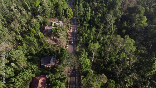 Following a car in a aerial view through country road in Indianforest. Cinematic drone shot flying over gravel road in pine tree forest. photo