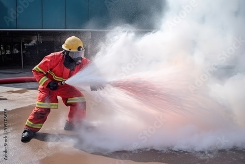 Firefighter training in fire, using fire hose chemical water foam spray engine, big fire background