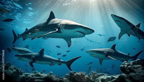 Shoal of great white sharks in the ocean. Generative Ai, © Darren Green