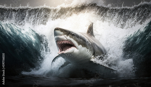 Great White shark breaching wave in ocean water  generative ai