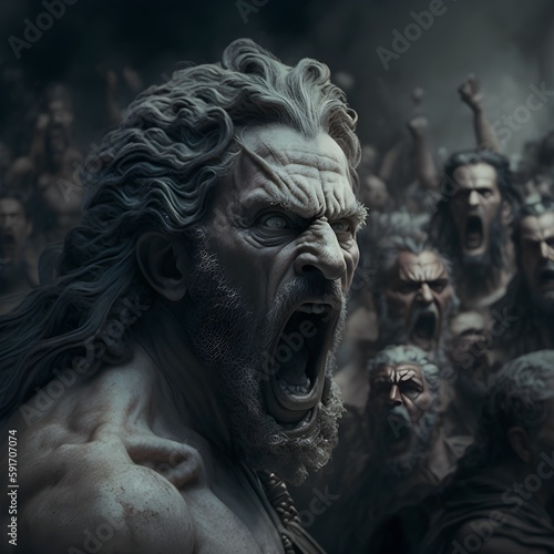 Hades threatening a crowd. Generative Ai illustration 