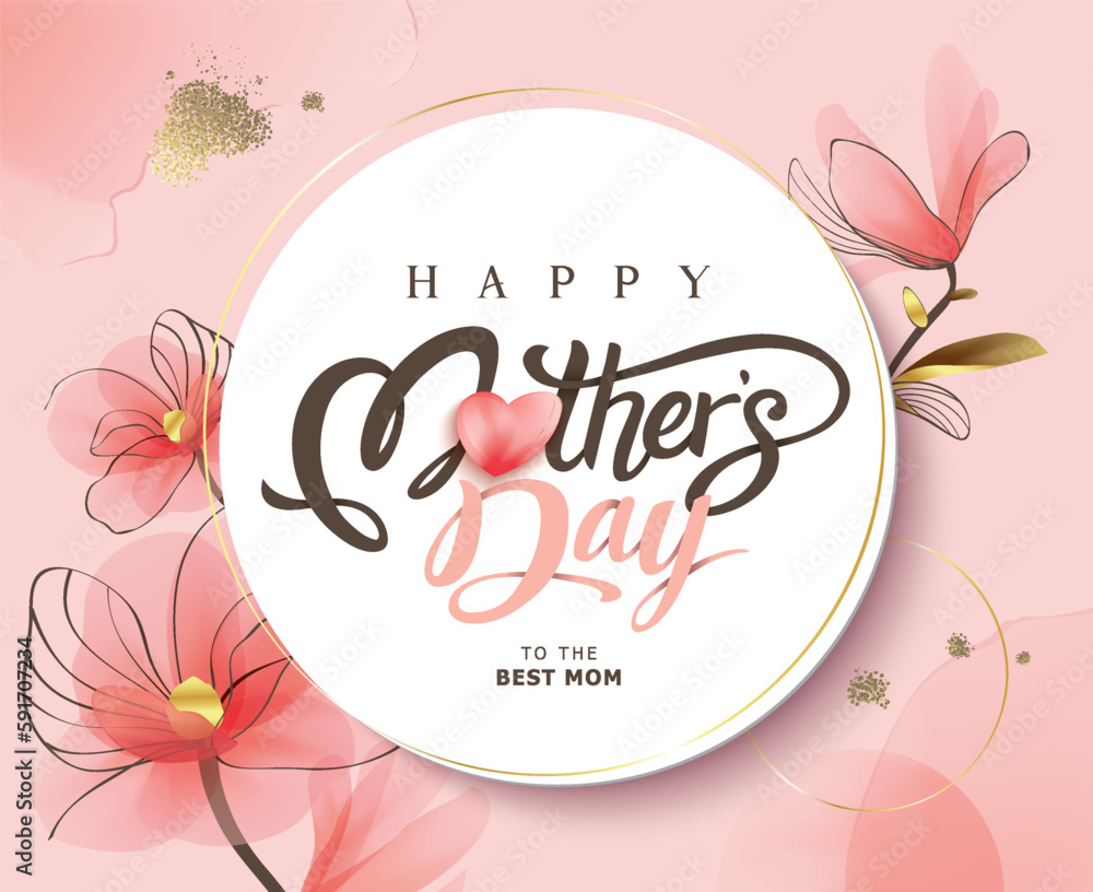 Obraz premium Happy Mother's Day Calligraphy abstract art background vector. Luxury minimal style wallpaper with golden line art flower and botanical leaves, watercolor. Vector background for banner, poster.