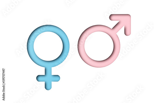 Pink and light blue paper cut male and female symbols isolated on transparent background.