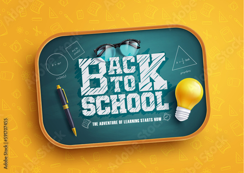 Back to school vector design. Back to school text in chalkboard element with light bulb and pen educational elements. Vector illustration back to school concept.