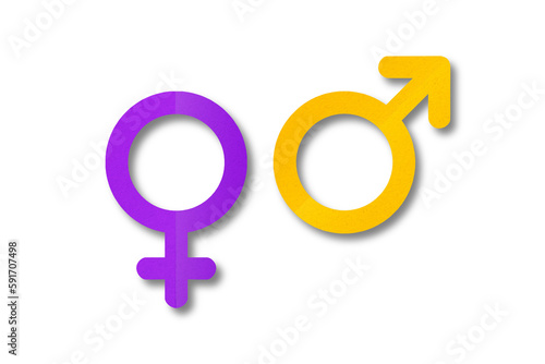 Purple and yellow paper cut male and female symbols isolated on transparent background.
