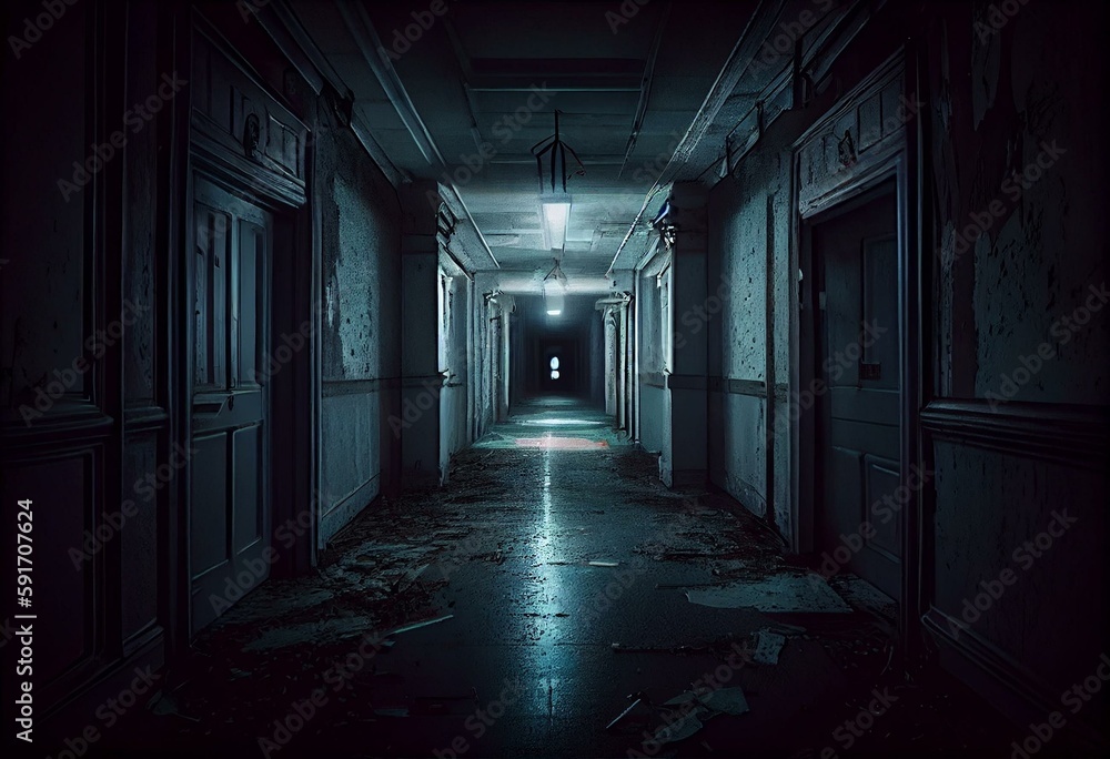 Horror empty corridor digital art. Generative AI