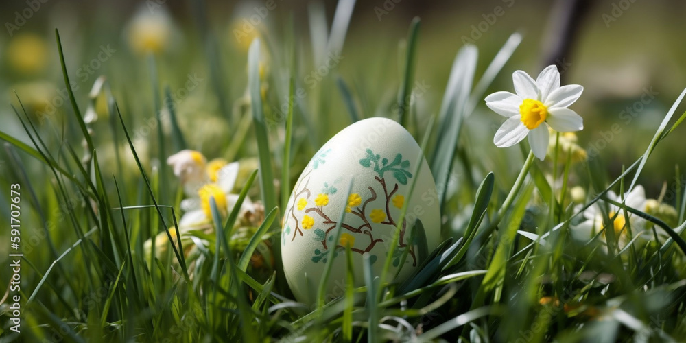 Easter Egg on green grass field, spring meadow. Generative AI