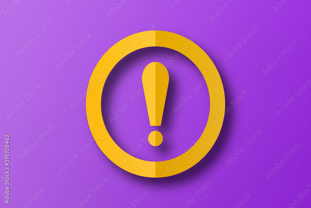 Yellow paper cut into exclamation mark shapes. warning sign set on purple paper background Yellow paper cut into exclamation mark shapes. warning sign set on purple paper background