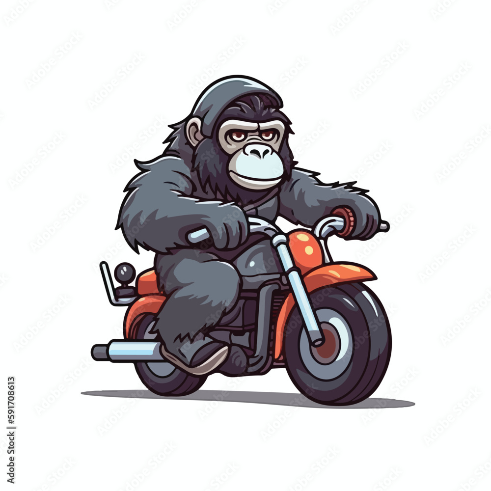 Mascot cartoon of cute smile gorilla monkey apes riding motorbike. 2d character vector illustration in isolated background Mascot cartoon of cute smile gorilla monkey apes riding motorbike. 2d character vector illustration in isolated background
