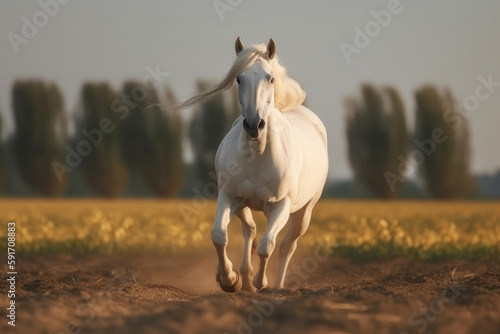 albino horse running, galloping in the field.