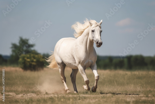 albino horse running  galloping in the field.