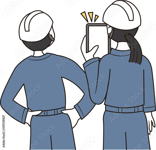 建築現場で働くアジア人男性と女性作業員の後ろ姿のイラスト素材