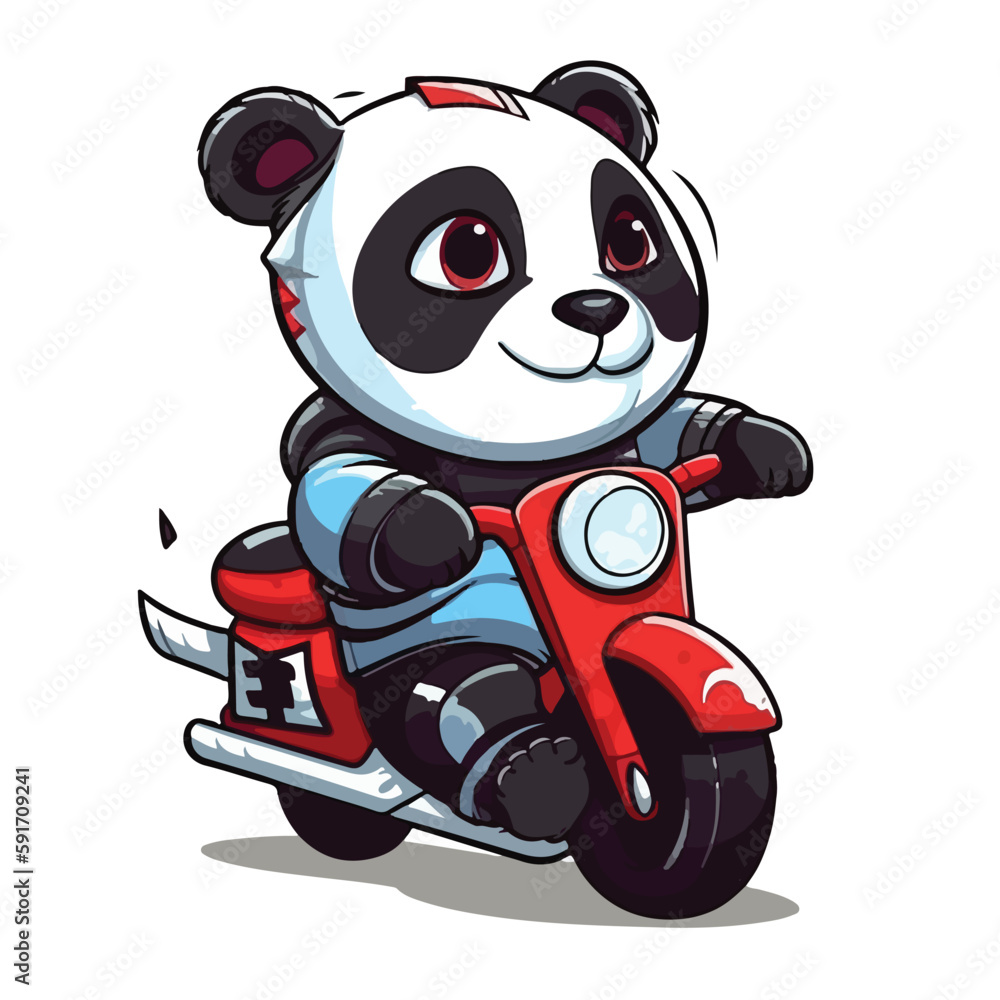 Mascot cartoon of cute smile panda riding motorbike. 2d character vector illustration in isolated background Mascot cartoon of cute smile panda riding motorbike. 2d character vector illustration in isolated background