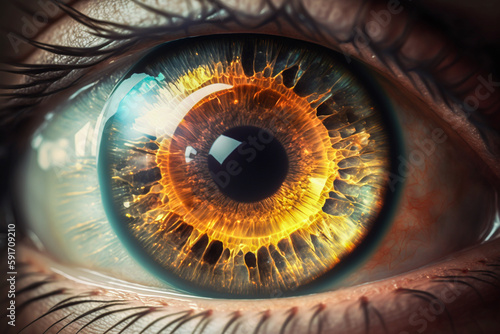 Closeup human eye. Realistic illustration. Fictional person. Made with Generative AI.