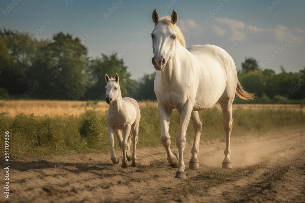 white mare running along with her foal looking at the camera. white mare running along with her foal looking at the camera.