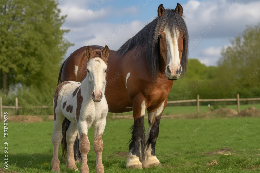 Coulored Cob mare together with her foal looking at the camera. Coulored Cob mare together with her foal looking at the camera.
