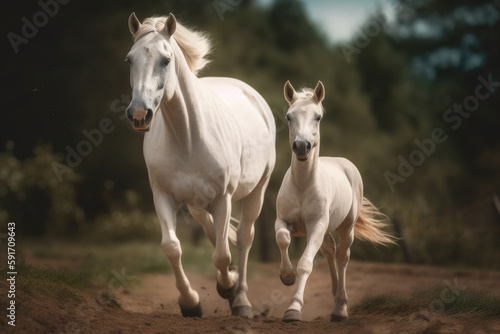 white mare running along with her foal looking at the camera. © Giovanna