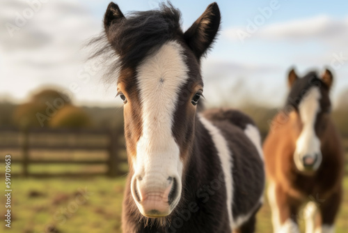 Coulored Cob foal looking at the camera.