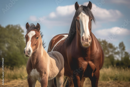 Coulored Cob mare together with her foal looking at the camera.