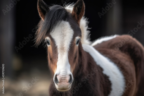 Coulored Cob foal looking at the camera.