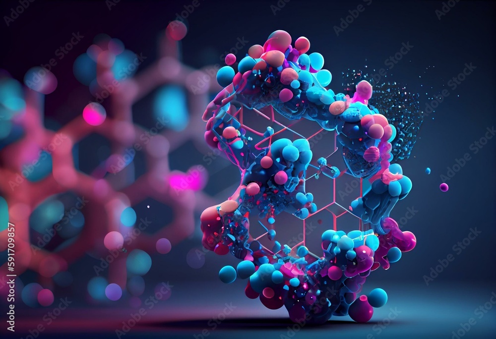 The structure of DNA cells. A grid of blue and pink particles connected ...
