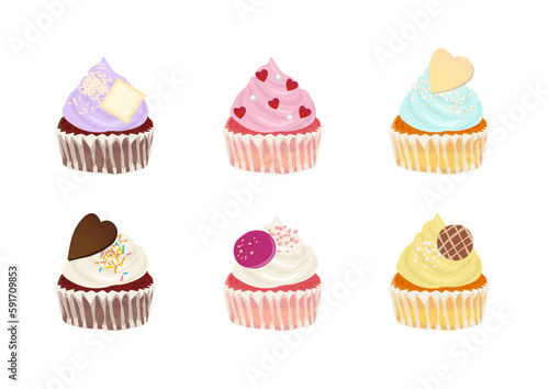かわいいスイーツ　おやつ　美味しいカラフルなカップケーキのイラスト　バレンタイン　ベクター