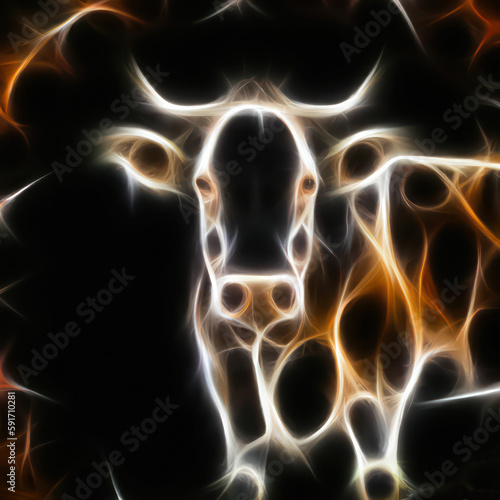 Ai generated neon fractal cow on black background.